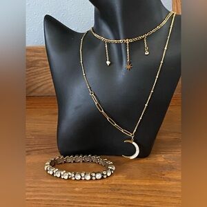 Gold and Rhinestone Moon and Stars Stainless Steel Necklace and Bracelet
